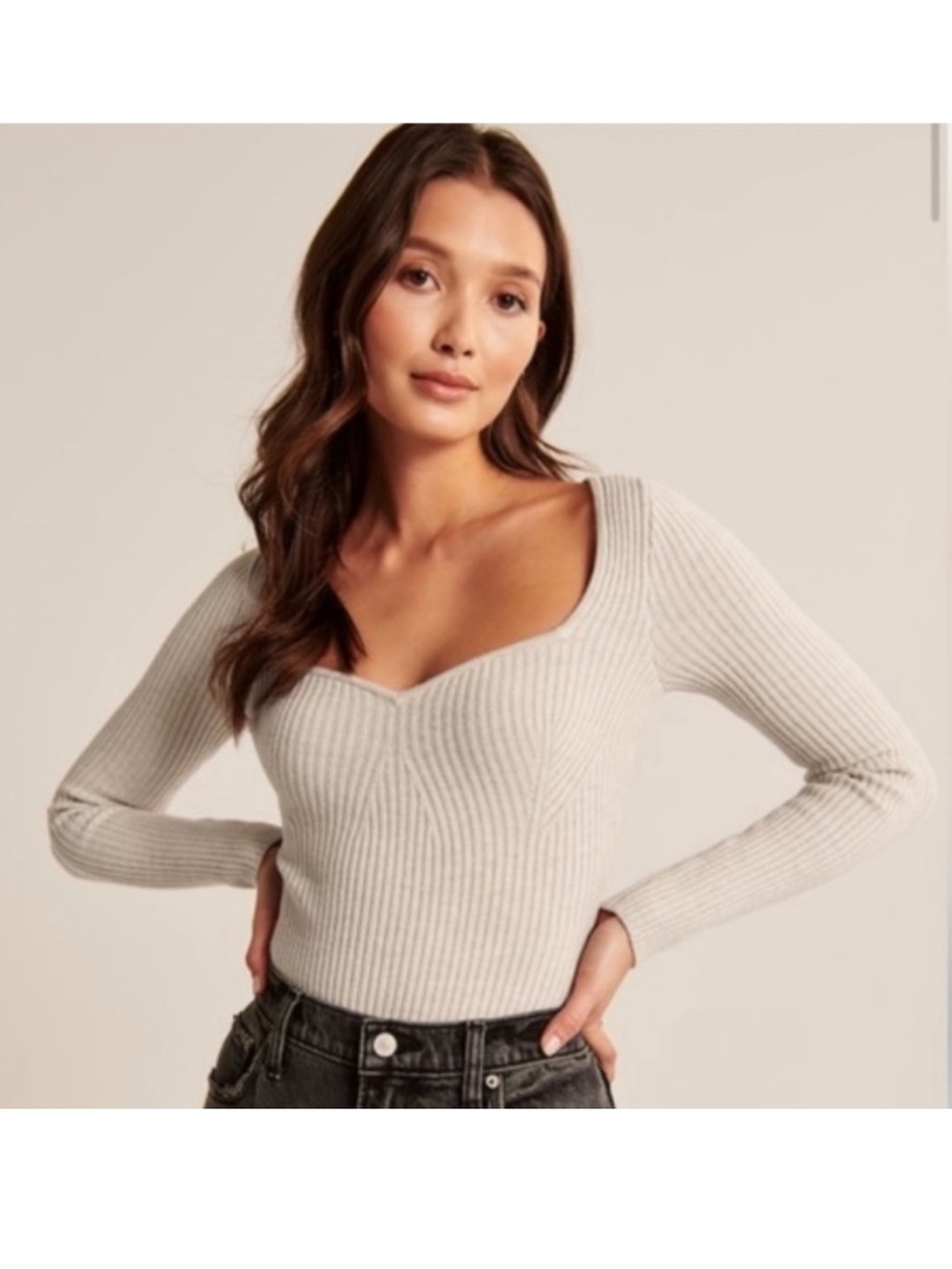 Abercrombie & Fitch Long Sleeve Cream Sweetheart Sweater Bodysuit